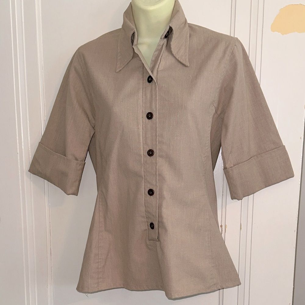 Vintage 70s Jantzen Tan Button Front‎ Short Sleeve Blouse